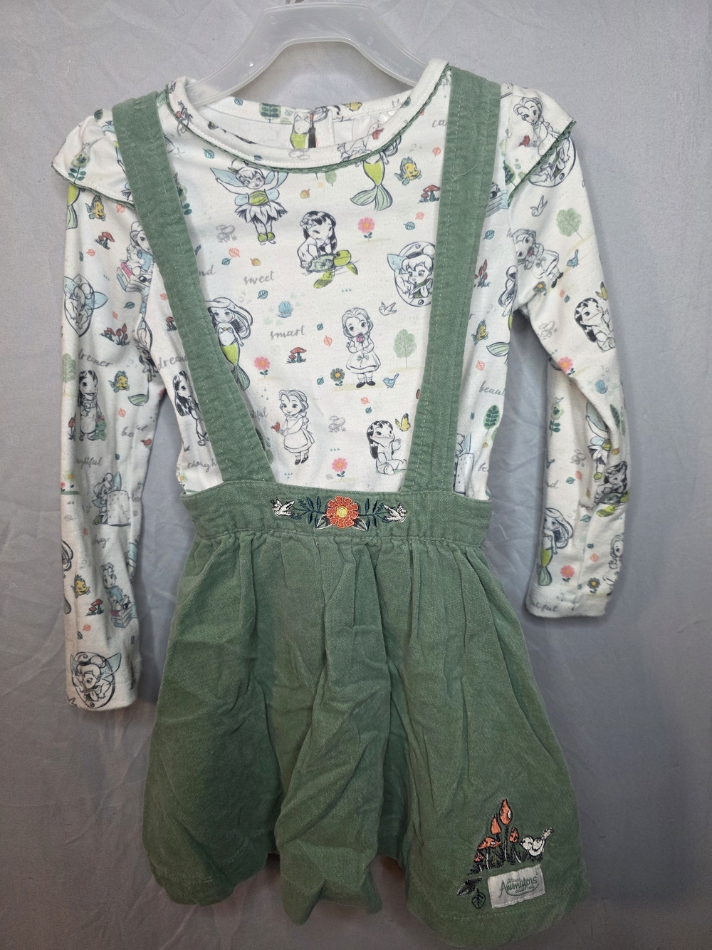 Disney Green Corduroy Suspender Skirt with Floral Embroidery
